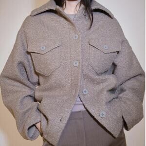 Mango Missouri Boucle Shacket Faux Shearling Collar Camel Tan S